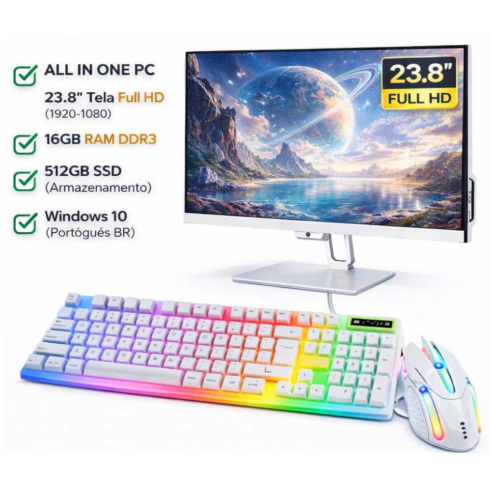 PC All in One 23.8” Intel Core i5 | 16GB RAM | SSD 512GB | Windows 10 | Com Teclado e Mouse – Milang T6