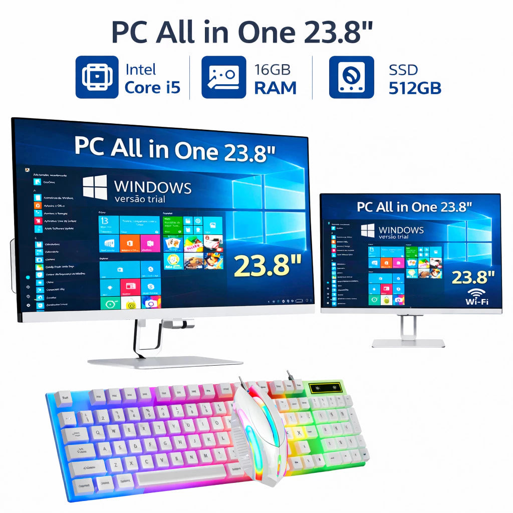 PC All in One 23.8” Intel Core i5 | 16GB RAM | SSD 512GB | Windows 10 | Com Teclado e Mouse – Milang T6